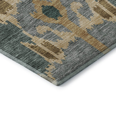 5' X 8' Emerald Gold And Gray Ikat Washable Area Rug With UV Protection