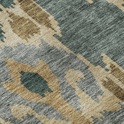 5' X 8' Emerald Gold And Gray Ikat Washable Area Rug With UV Protection