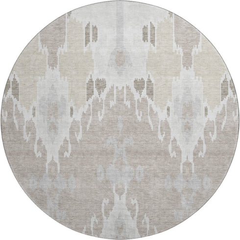 8' Ivory Beige And Gray Ikat Washable Round Rug With UV Protection