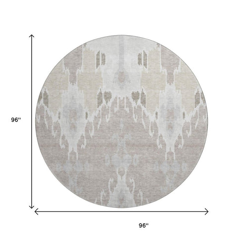 8' Ivory Beige And Gray Ikat Washable Round Rug With UV Protection