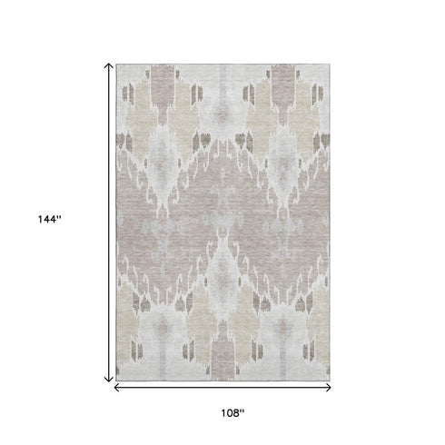 9' X 12' Ivory Beige And Gray Ikat Washable Area Rug With UV Protection