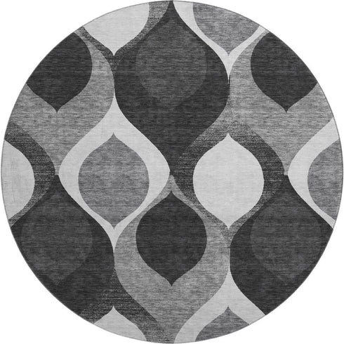 8' Black And Silver Ogee Washable Round Rug With UV Protection