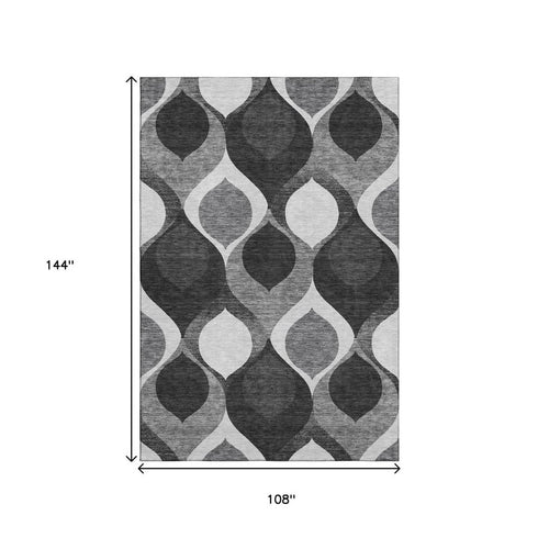 9' X 12' Black And Silver Ogee Washable Area Rug With UV Protection