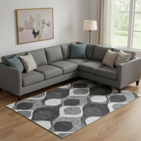 9' X 12' Black And Silver Ogee Washable Area Rug With UV Protection