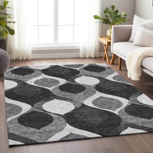 9' X 12' Black And Silver Ogee Washable Area Rug With UV Protection
