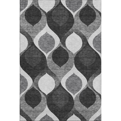 9' X 12' Black And Silver Ogee Washable Area Rug With UV Protection