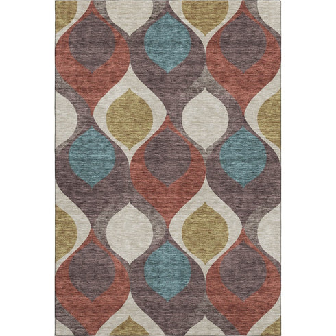 5' X 8' Brown Rust And Teal Ogee Washable Area Rug With UV Protection