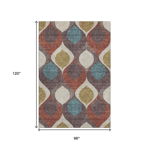 8' X 10' Brown Rust And Teal Ogee Washable Area Rug With UV Protection