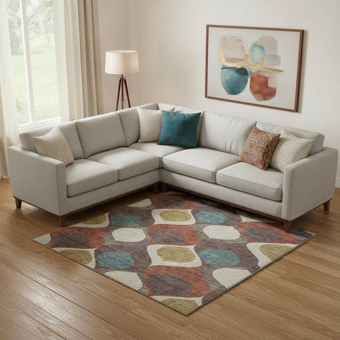 8' X 10' Brown Rust And Teal Ogee Washable Area Rug With UV Protection