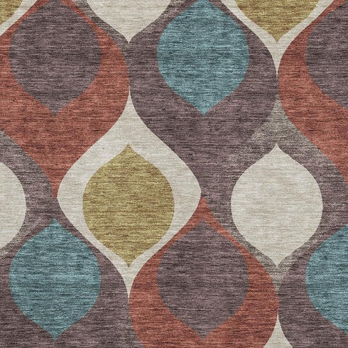 8' X 10' Brown Rust And Teal Ogee Washable Area Rug With UV Protection