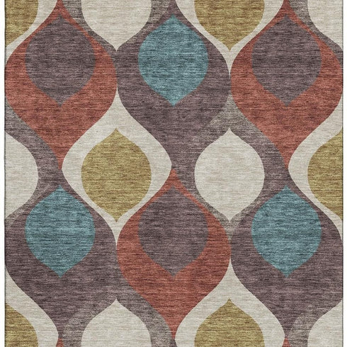 8' X 10' Brown Rust And Teal Ogee Washable Area Rug With UV Protection