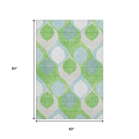 5' X 8' Lime Green Blue And Ivory Ogee Washable Area Rug With UV Protection