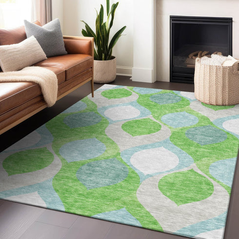 9' X 12' Lime Green Blue And Ivory Ogee Washable Area Rug With UV Protection