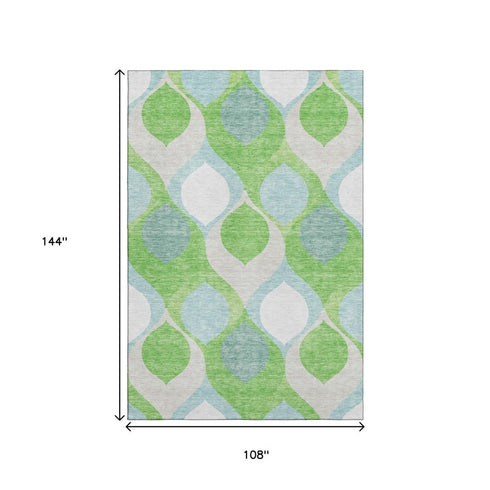 9' X 12' Lime Green Blue And Ivory Ogee Washable Area Rug With UV Protection