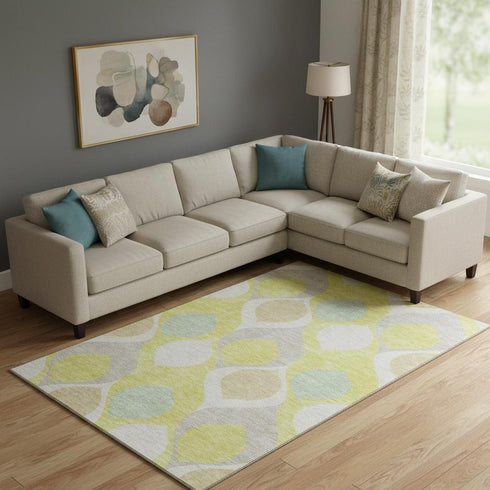 8' X 10' Yellow Ivory And Gray Ogee Washable Area Rug With UV Protection
