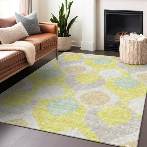 8' X 10' Yellow Ivory And Gray Ogee Washable Area Rug With UV Protection