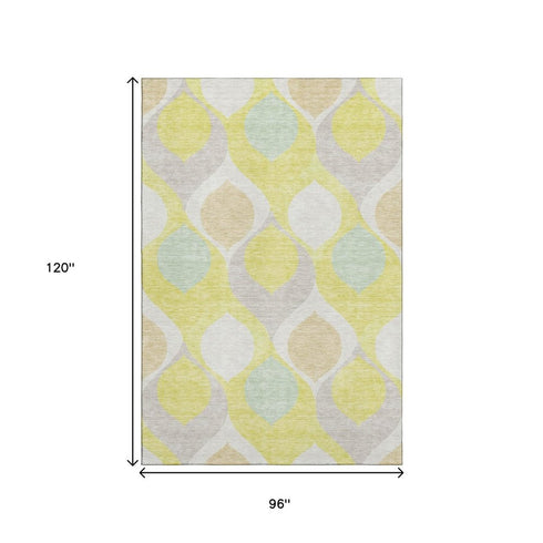8' X 10' Yellow Ivory And Gray Ogee Washable Area Rug With UV Protection