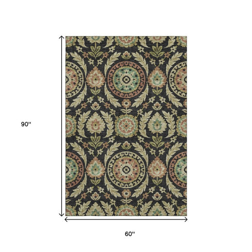 5' X 8' Black Gold And Copper Floral Washable Area Rug With UV Protection