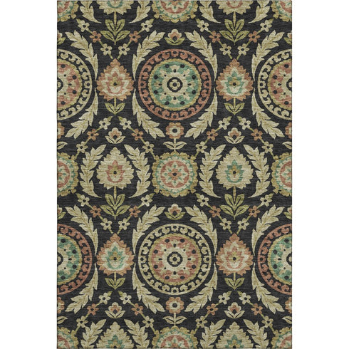 5' X 8' Black Gold And Copper Floral Washable Area Rug With UV Protection
