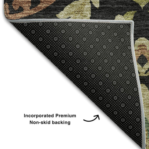 5' X 8' Black Gold And Copper Floral Washable Area Rug With UV Protection