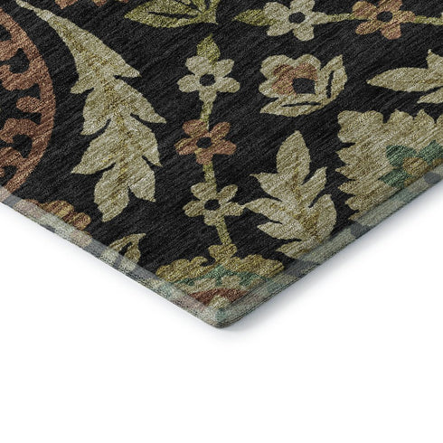 5' X 8' Black Gold And Copper Floral Washable Area Rug With UV Protection