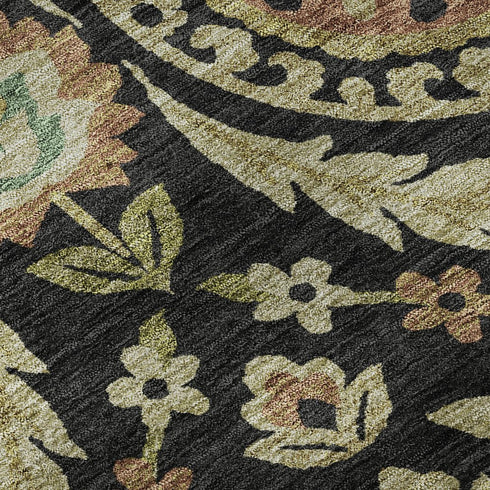 5' X 8' Black Gold And Copper Floral Washable Area Rug With UV Protection
