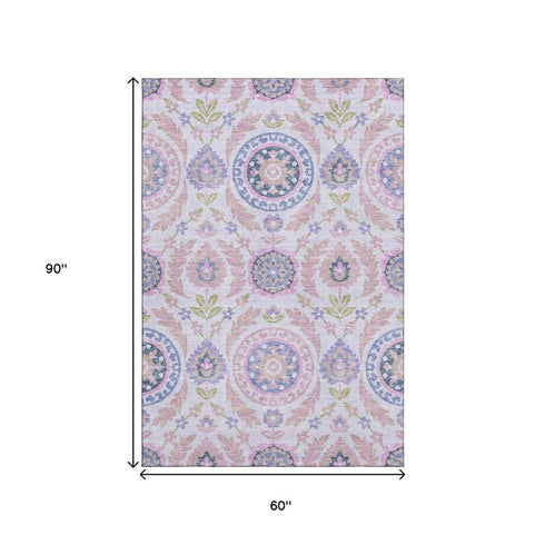 5' X 8' Blush Purple And Green Floral Washable Area Rug With UV Protection