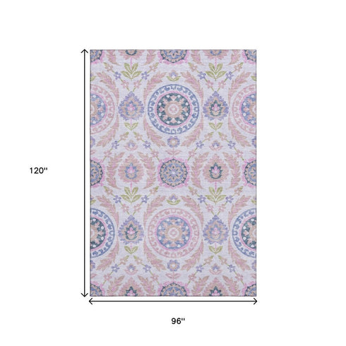 8' X 10' Blush Purple And Green Floral Washable Area Rug With UV Protection