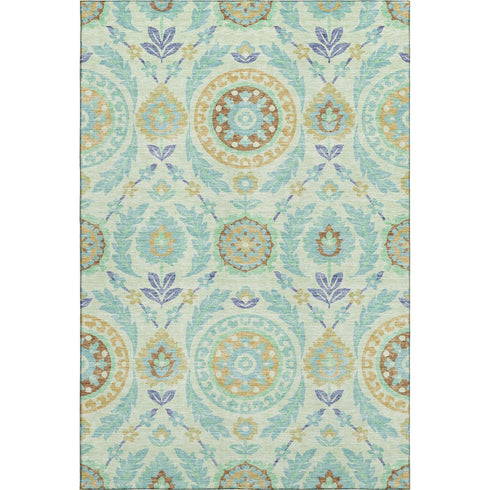 5' X 8' Mint Green Blue And Beige Floral Washable Area Rug With UV Protection