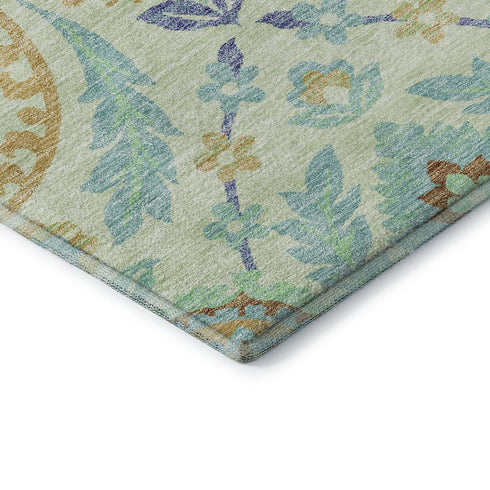 5' X 8' Mint Green Blue And Beige Floral Washable Area Rug With UV Protection