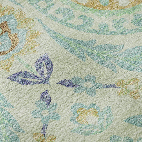 5' X 8' Mint Green Blue And Beige Floral Washable Area Rug With UV Protection