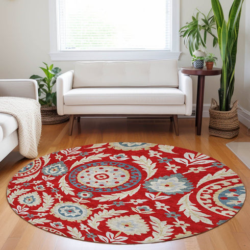 8' Red Gold And Blue Floral Washable Round Rug With UV Protection