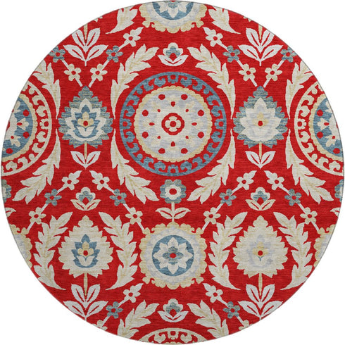 8' Red Gold And Blue Floral Washable Round Rug With UV Protection