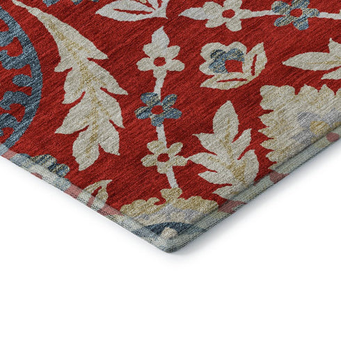 8' Red Gold And Blue Floral Washable Round Rug With UV Protection