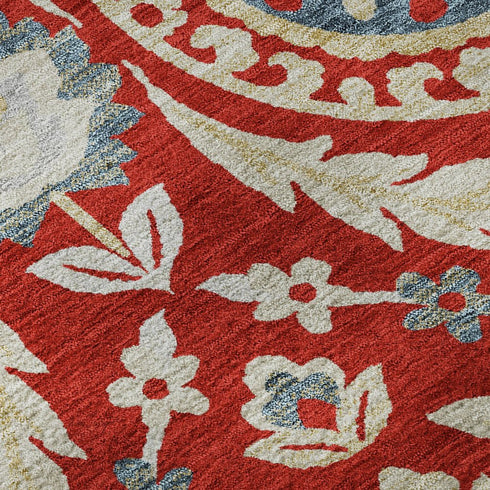 8' Red Gold And Blue Floral Washable Round Rug With UV Protection
