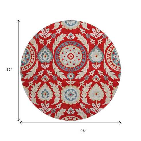 8' Red Gold And Blue Floral Washable Round Rug With UV Protection