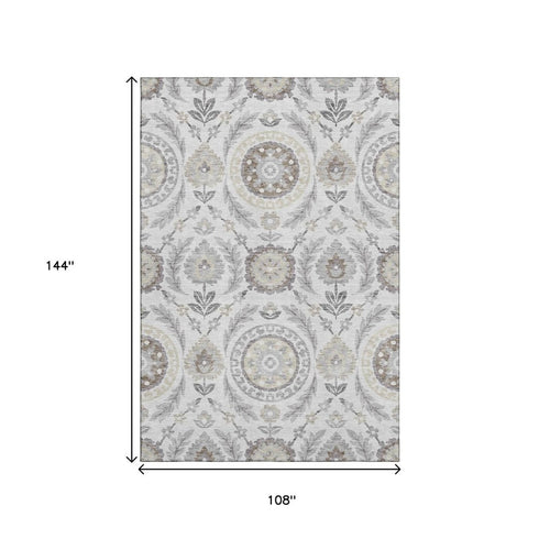 9' X 12' Silver Gray And Beige Floral Washable Area Rug With UV Protection