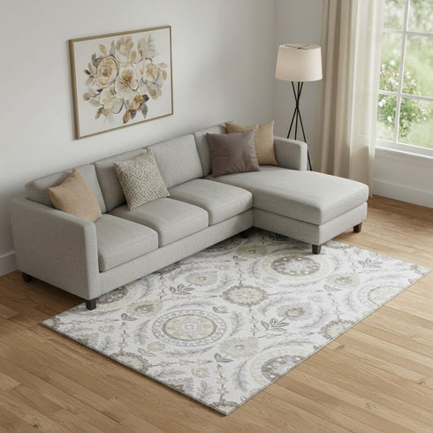 9' X 12' Silver Gray And Beige Floral Washable Area Rug With UV Protection