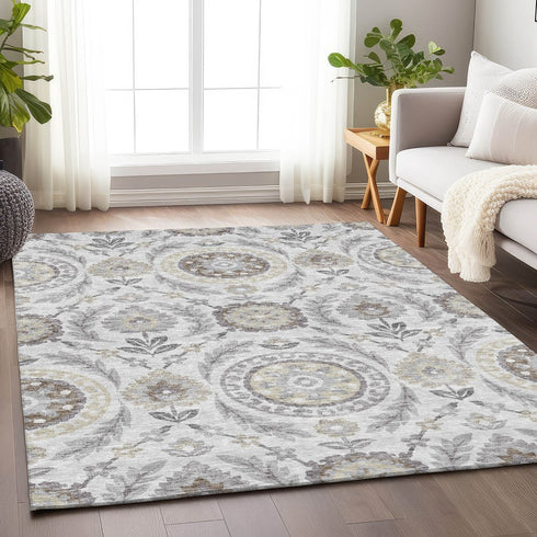 9' X 12' Silver Gray And Beige Floral Washable Area Rug With UV Protection