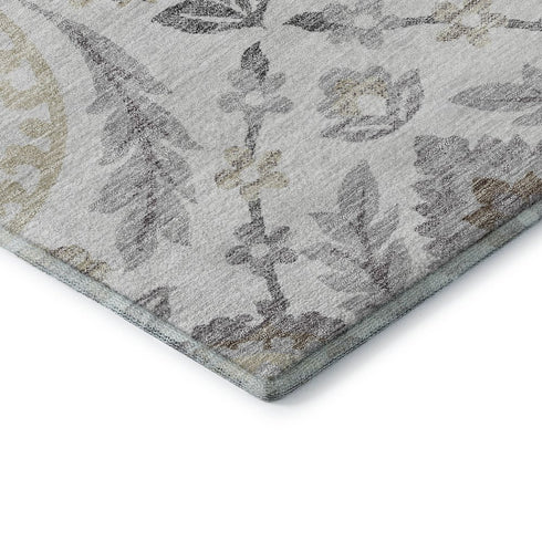 9' X 12' Silver Gray And Beige Floral Washable Area Rug With UV Protection