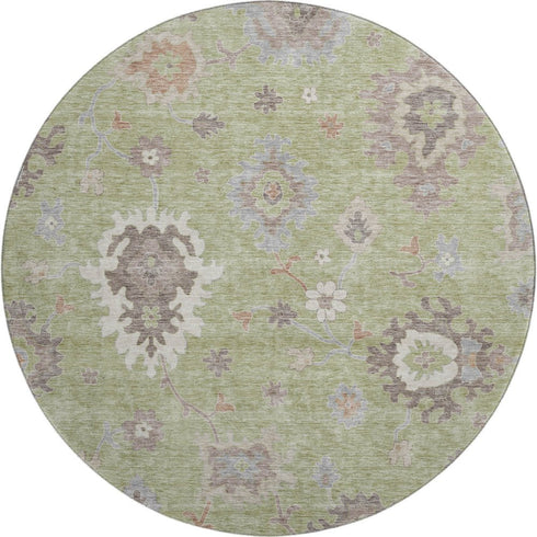 8' Artichoke Green Beige And Taupe Floral Medallion Washable Round Rug With UV Protection