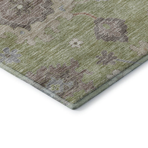 8' Artichoke Green Beige And Taupe Floral Medallion Washable Round Rug With UV Protection