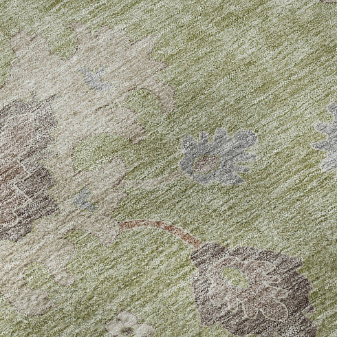 8' Artichoke Green Beige And Taupe Floral Medallion Washable Round Rug With UV Protection