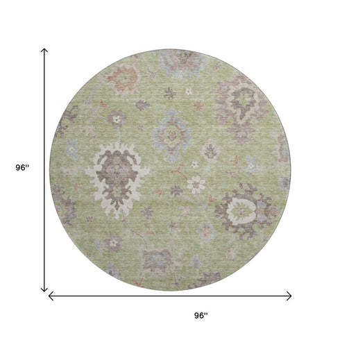 8' Artichoke Green Beige And Taupe Floral Medallion Washable Round Rug With UV Protection