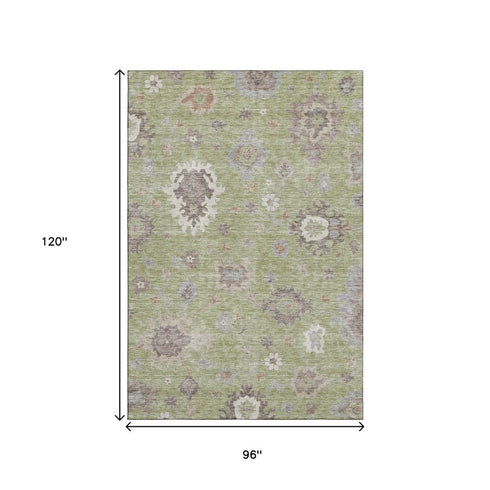 8' X 10' Artichoke Green Beige And Taupe Floral Medallion Washable Area Rug With UV Protection