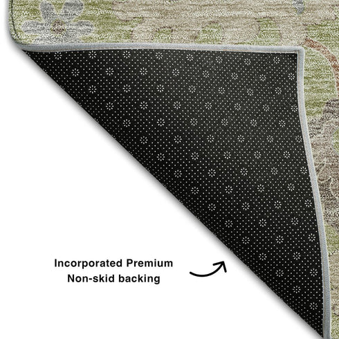 8' X 10' Artichoke Green Beige And Taupe Floral Medallion Washable Area Rug With UV Protection