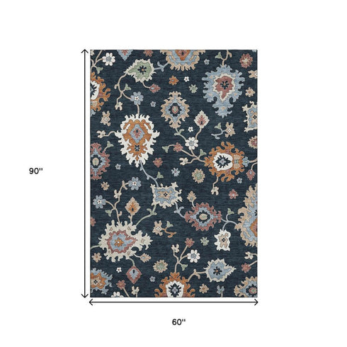 5' X 8' Black Blue And Ivory Floral Medallion Washable Area Rug With UV Protection