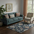 5' X 8' Black Blue And Ivory Floral Medallion Washable Area Rug With UV Protection