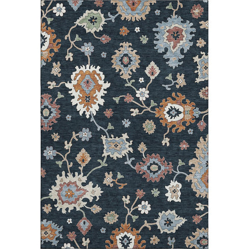 5' X 8' Black Blue And Ivory Floral Medallion Washable Area Rug With UV Protection