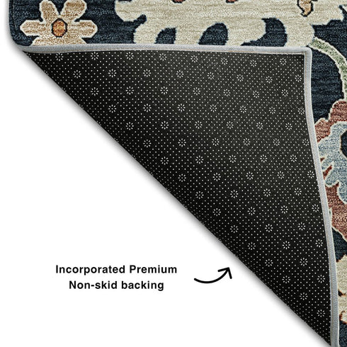 5' X 8' Black Blue And Ivory Floral Medallion Washable Area Rug With UV Protection